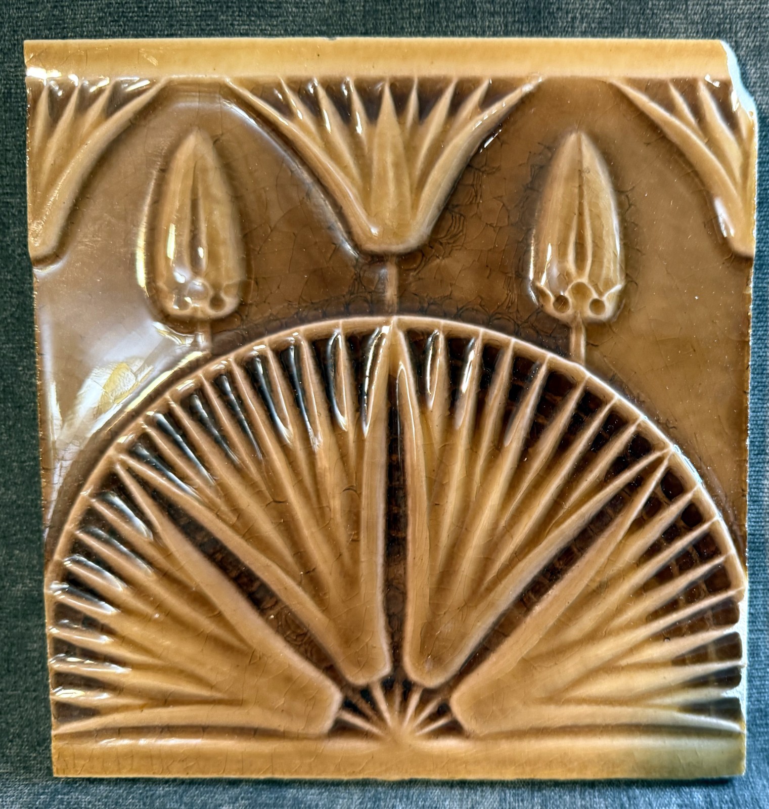 J & J G Low Art Tile Works Egyotian Revival #613 Lotus 6” with corner chip Rare