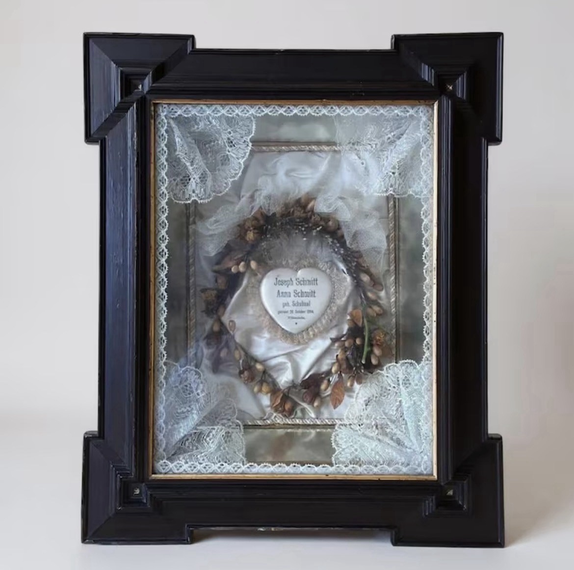 Victorian Antique Framed French Wax Flower Crown Bridal Keepsake Shadow Box