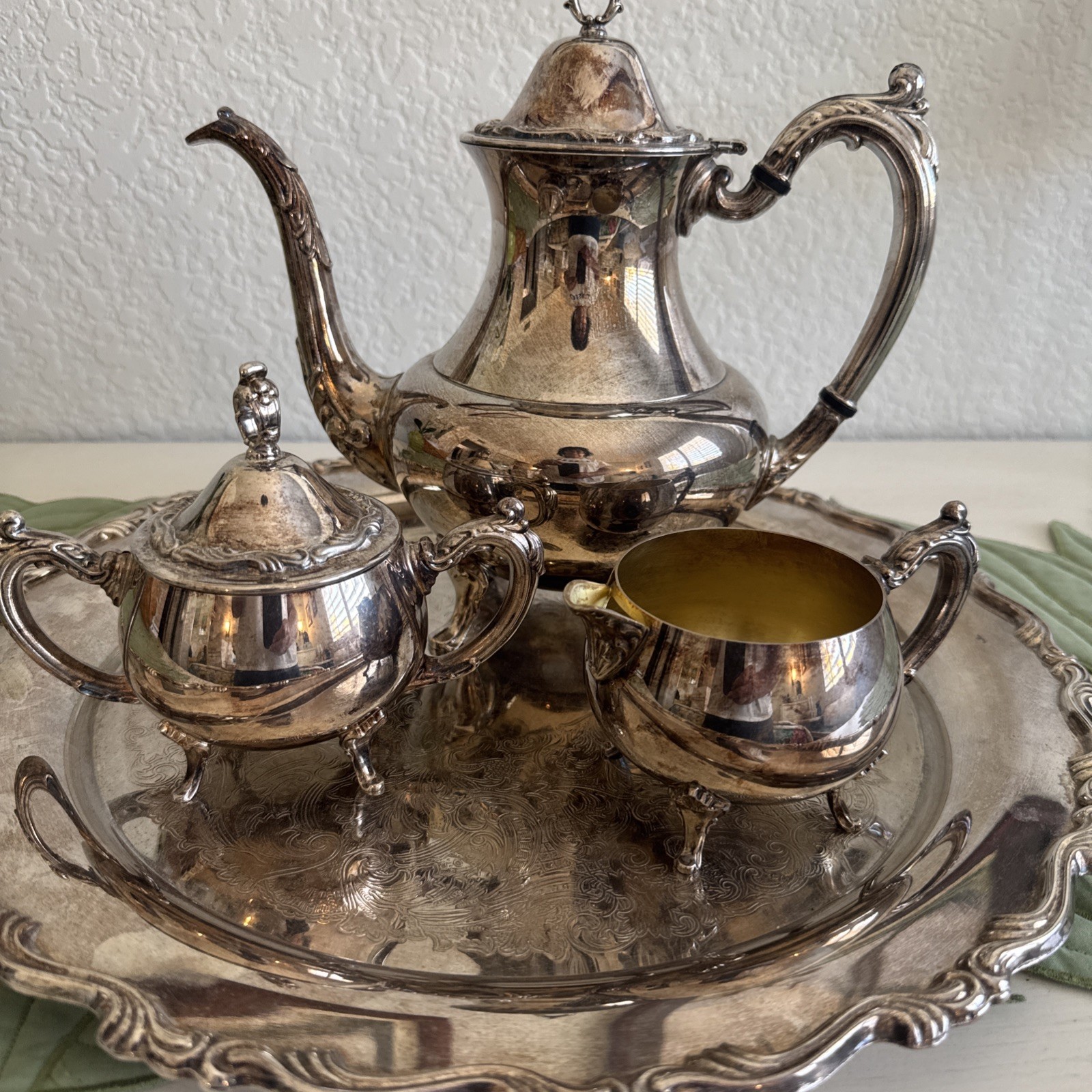 ONEIDA USA SILVER PLATED Vintage ORNATE GEORGIAN SCROLL Tea Set