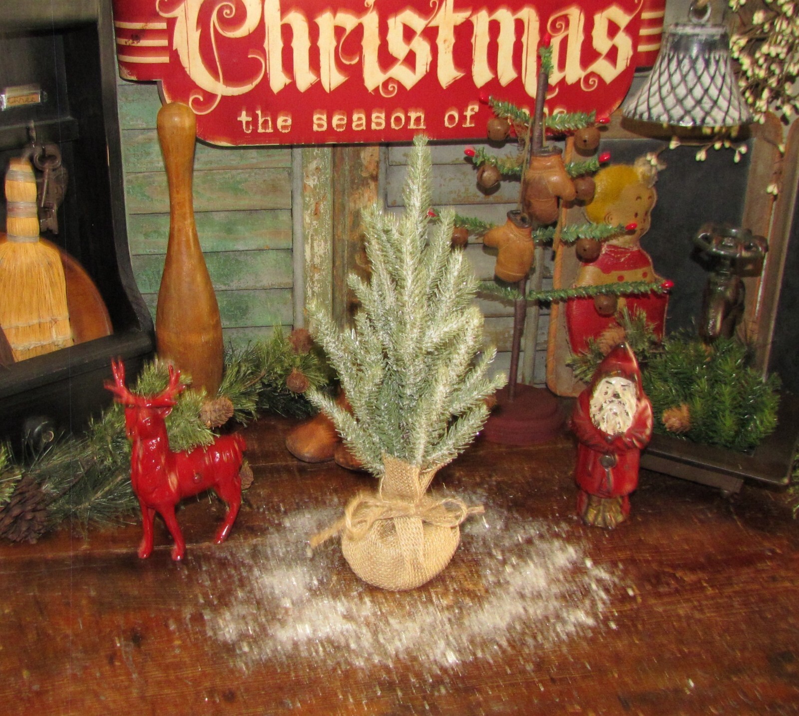 Primitive Mini Artificial Spruce Pine 12″ Snow Flocked Table Top Christmas Tree