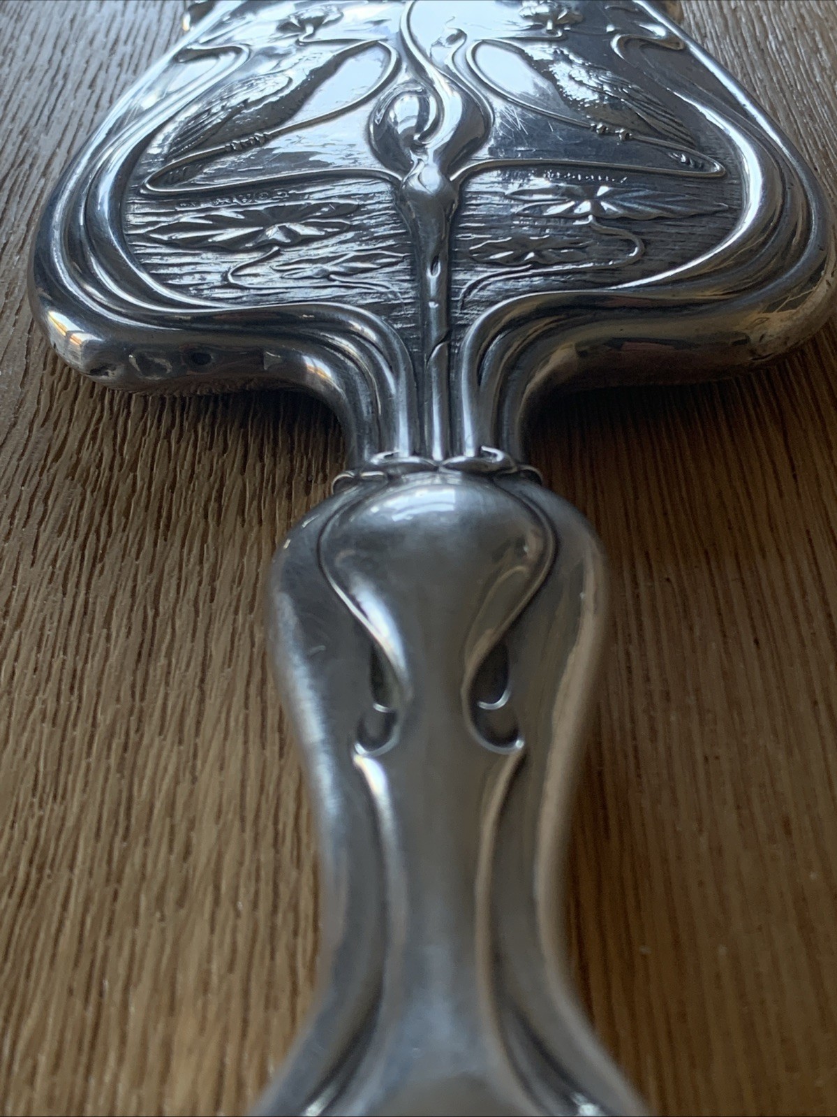 ART NOUVEAU SILVER HAND MIRROR-CHESTER 1904-WILLIAM NEALE-KINGFISHER/WATER LILY