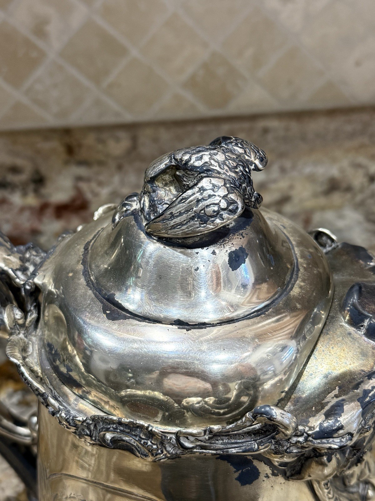 ⭐Antique Silver Plate Water Pitcher E Kaufman Eagle Animal Etched Details 12″