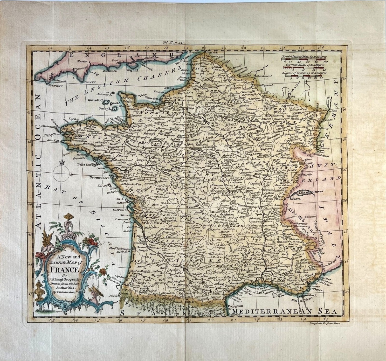 c. 1760-1770 Hand-Colored Map “A New and Accurate Map of France” Thomas Kitchin