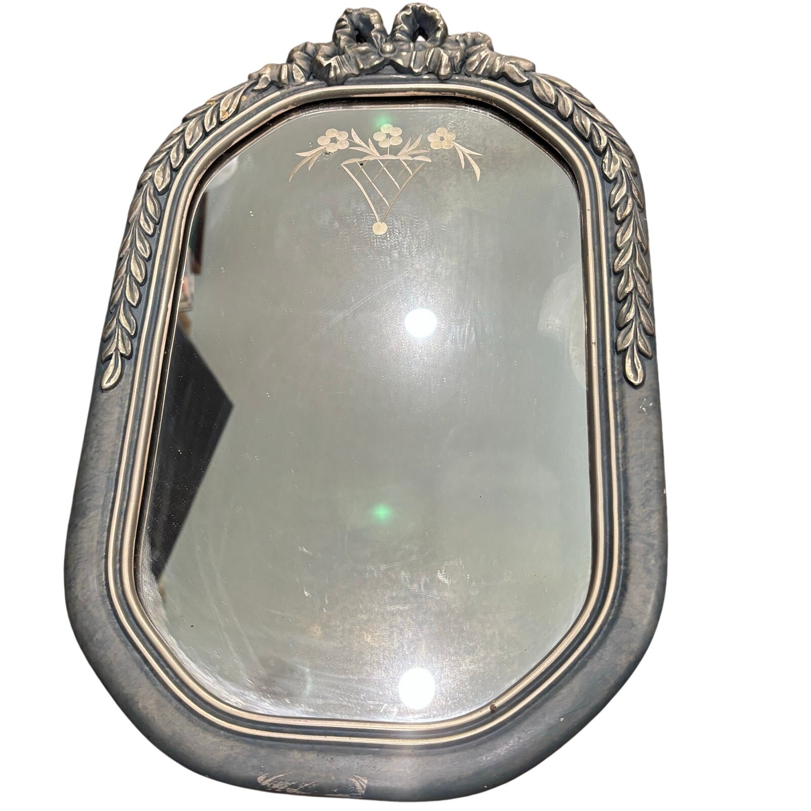 Vintage Arched Blue and Silver Gesso Frame Art Deco Floral Etched Mirror 12”x19”