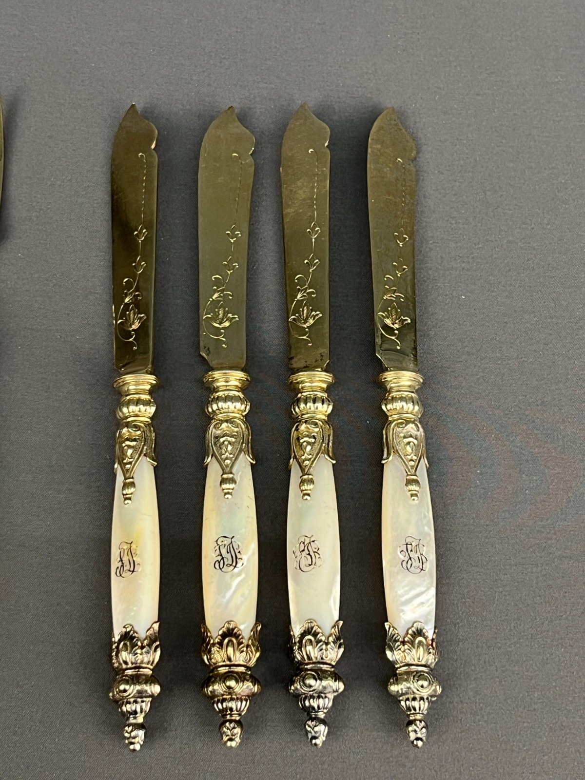 10 Pc Antique German Gilt 800 Silver Fork & Knife Set w/ Mother of Pearl Handle