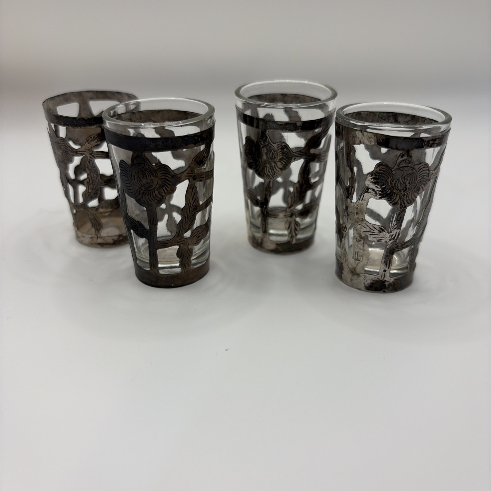 Set of 4 Taxco Sterling Silver Overlay Shot Aperitif Glasses 925 Mid-Century