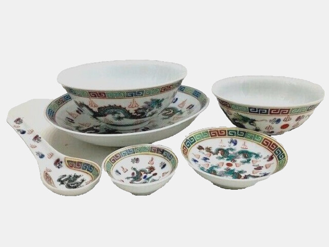 Chinese Zhongguo Dragon Jingdezhen Porcelain Province 6 Piece Hand Painted USA