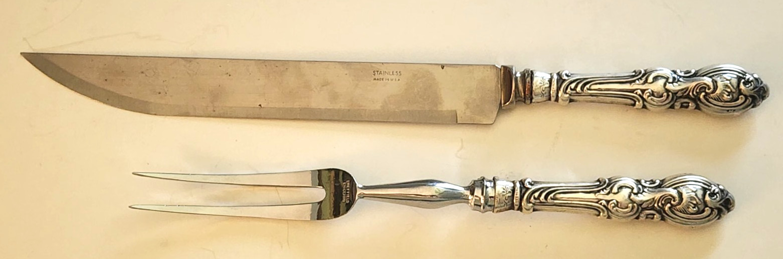 2 PIECE STERLING SILVER HANDLE ORNATE CARVING SET KNIFE & FORK