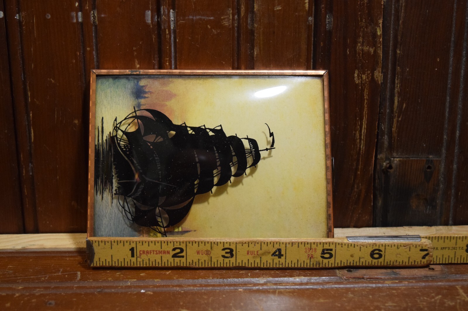 1910s CIRCA REVERSE PAINTED CONVEX BUBBLE GLASS PAINTING TALL SHIP LEAVING PORT