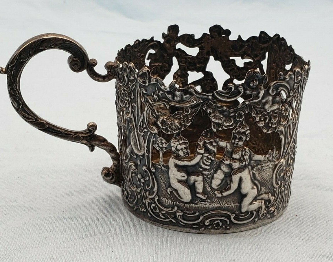 Antique Beautiful Dutch .875 Silver Cup Holder w/ Cherubs & Flowers #7071
