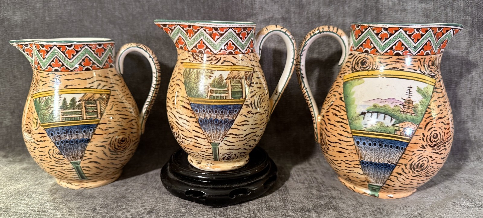 Three Wedgwood Aesthetic Japanese Fans with Scenery Wood Grain Kioto Jugs