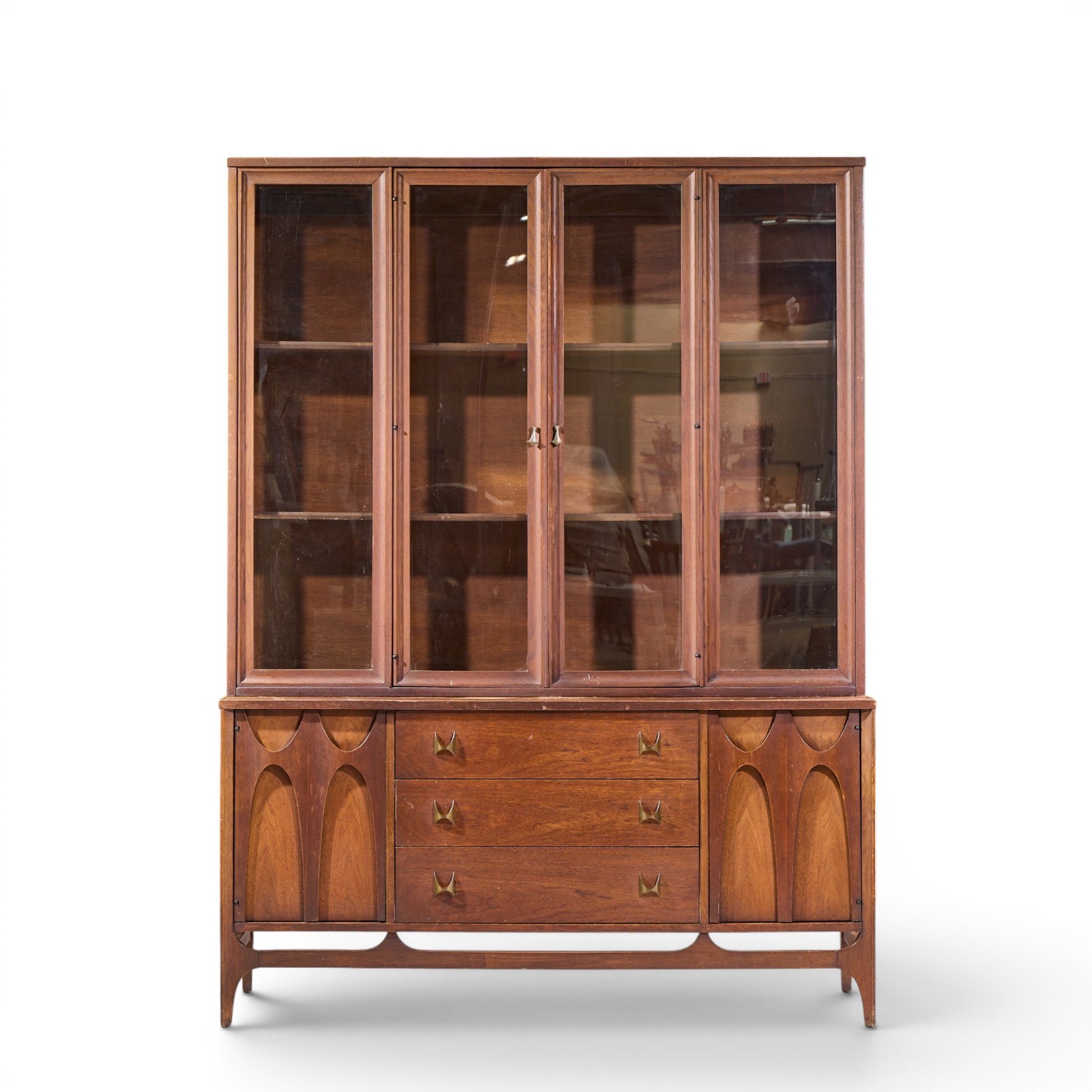 Broyhill Brasilia Mid Century Walnut and Brass Credenza and Hutch