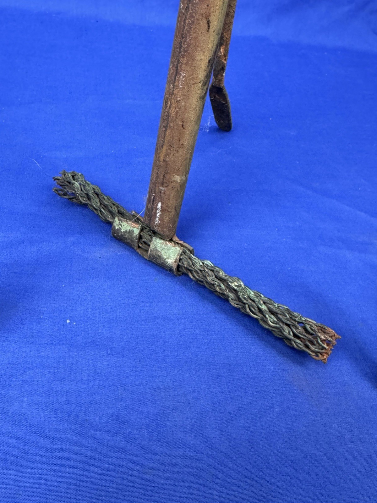 Antique Copper Lightning Rod w/ Braided Stand & 10 Sided White Milk Glass Ball