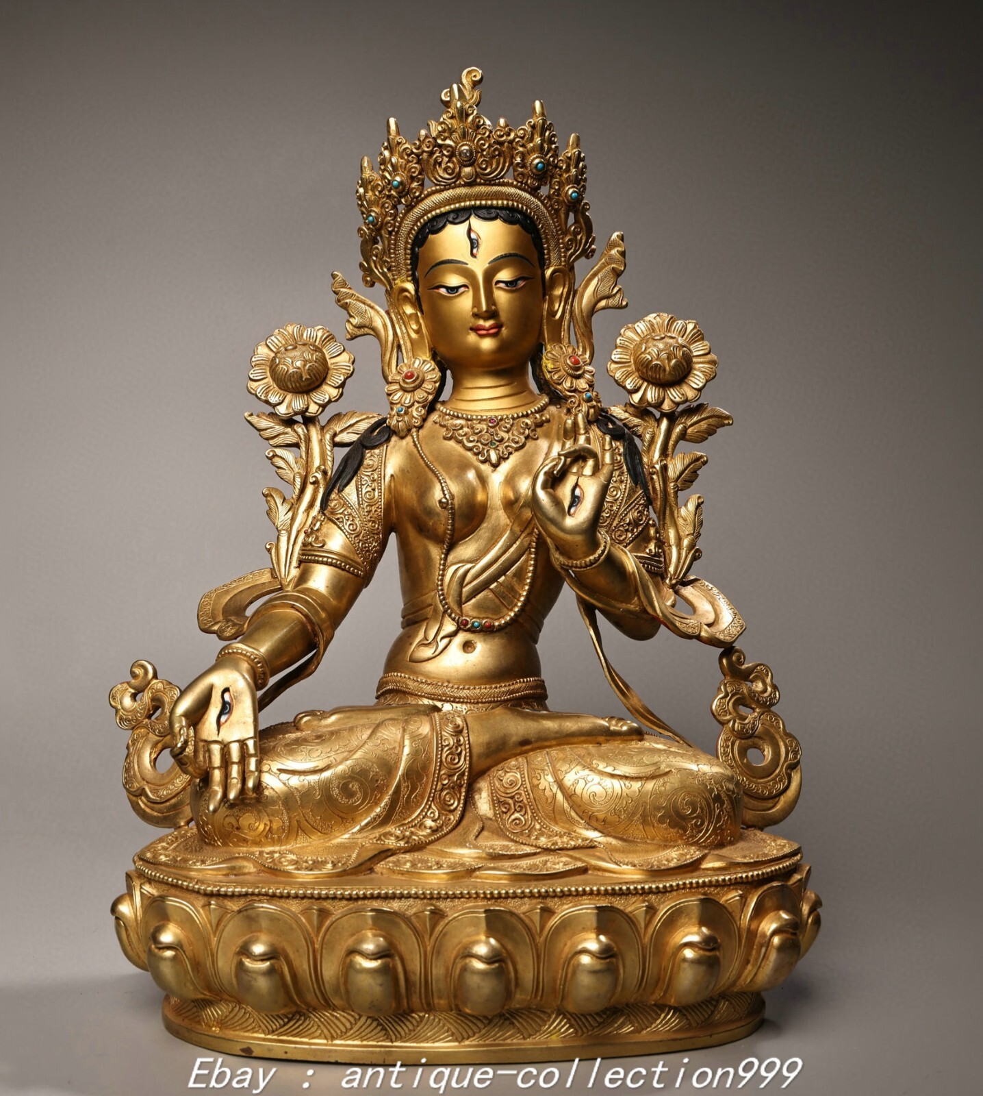 12.9″ Old Tibet Purple Bronze Gold Buddhism 7 Eyes White Tara Buddha Statue