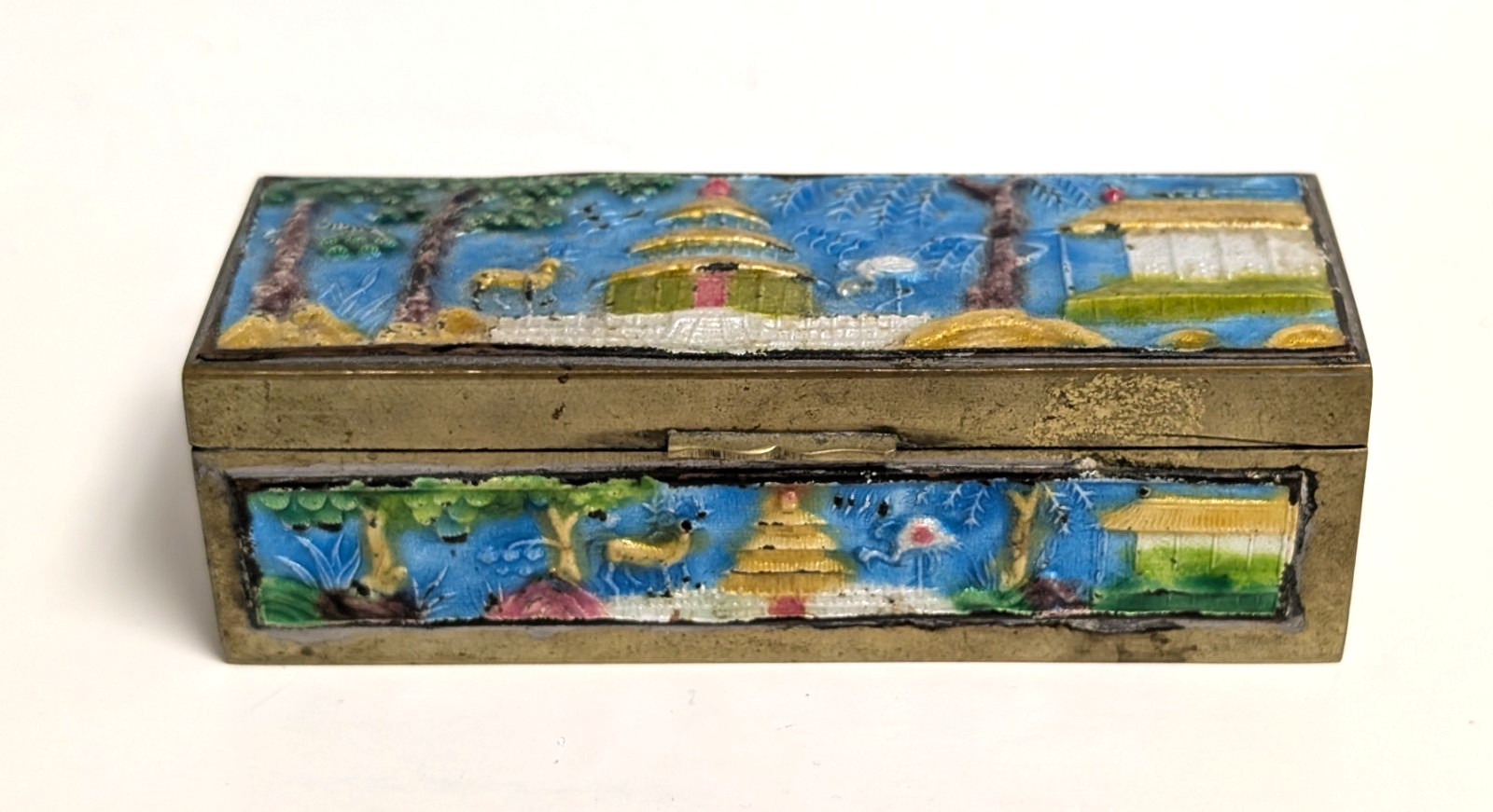 Antique Chinese Brass Stamp Box Holder Enamel Divided Trinket Hinged Temple 4″