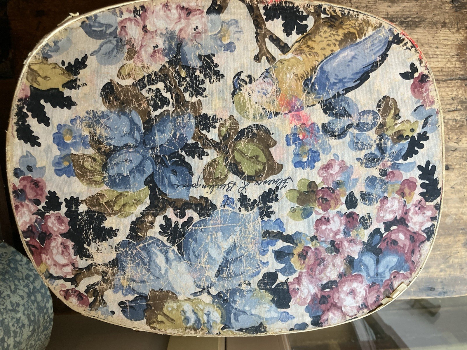 Beauty! Dated 1869 Antique Primitive 19th C Victorian Wallpaper Hat Box Parrot