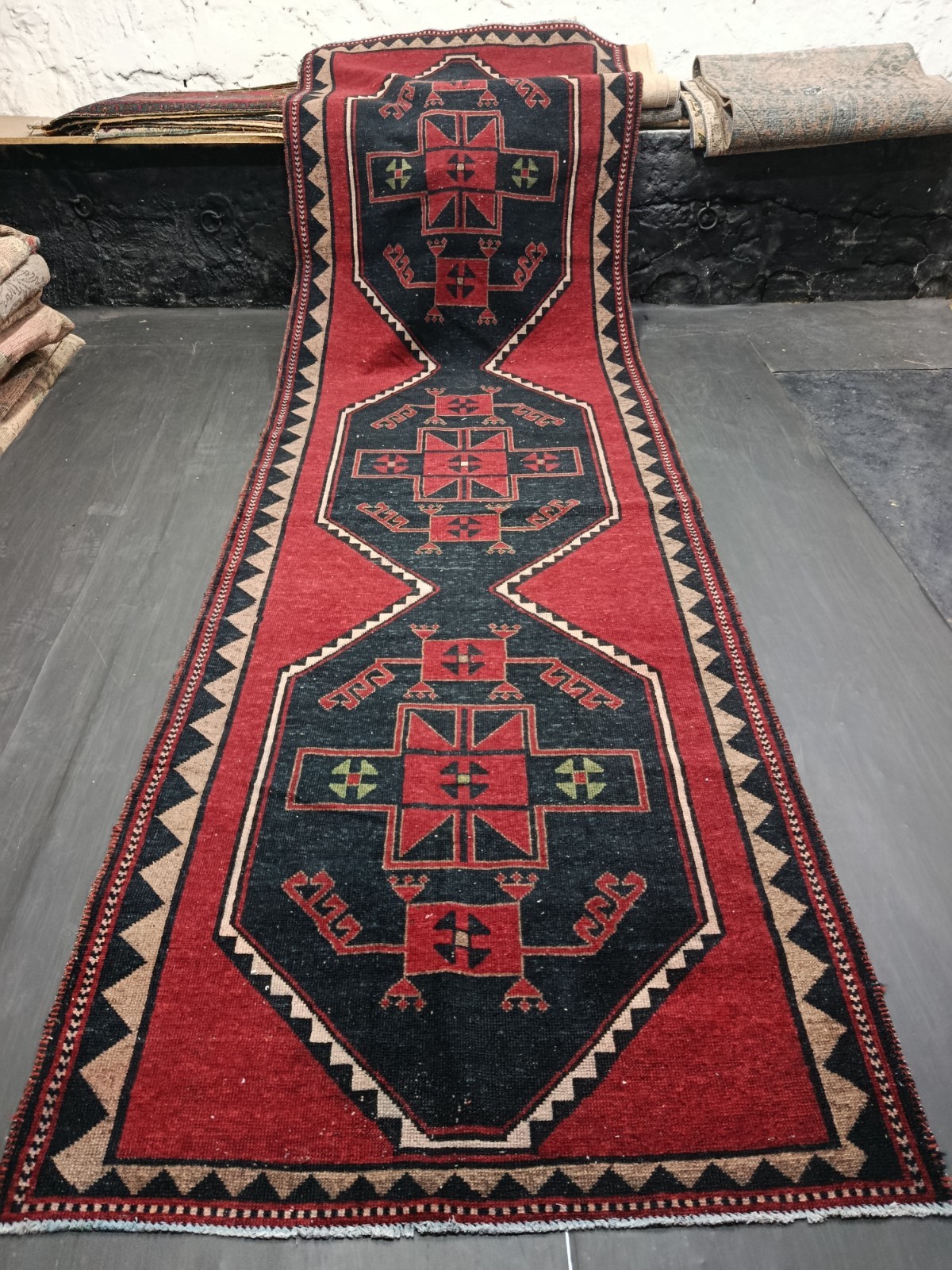 Red Antique Oriental Handmade Runner, 4.1x13ft, Geometric Entryway Runner Rug,