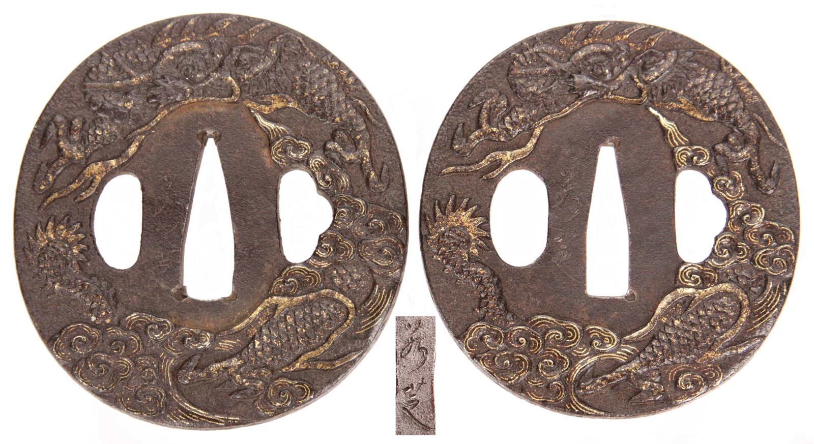 Antique Japanese Signed Daisho Tsuba Iron Jakushi Dragon Sword Guard Koshirae