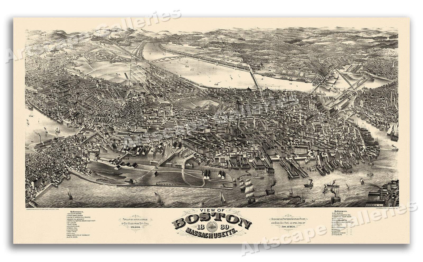 Bird’s Eye View 1880 Boston Massachusetts Vintage Style City Map – 14×24