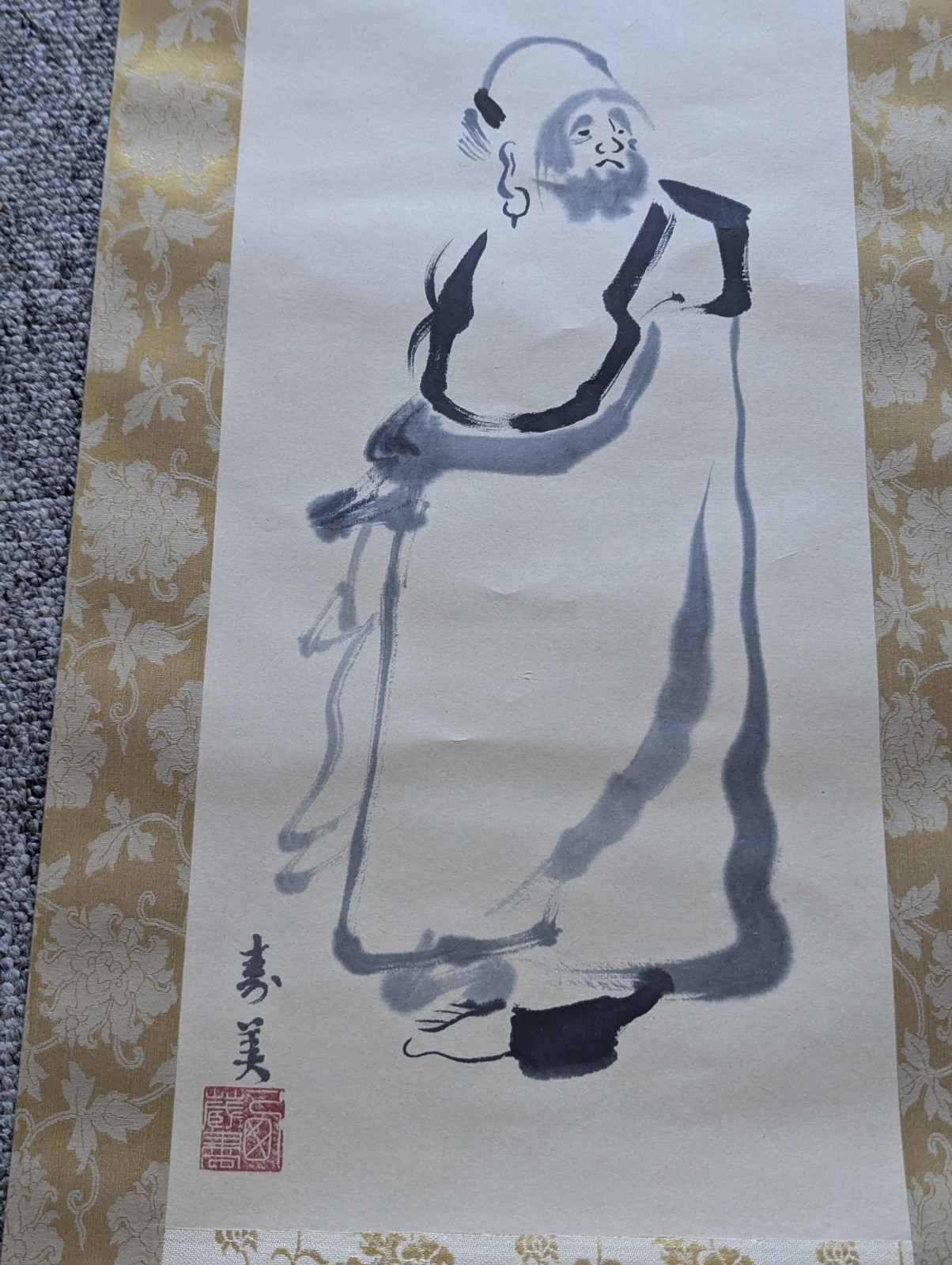 East Asian Ink Scroll Painting Hotei Budai Figure Signed Hanging Scroll 185x33cm