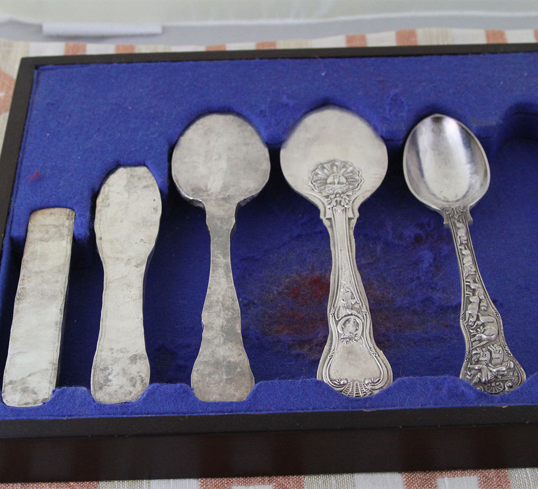 Sterling Silver Flatware 5-pc Place-Setting,Fiddle Thread Husk-Hand-Forged