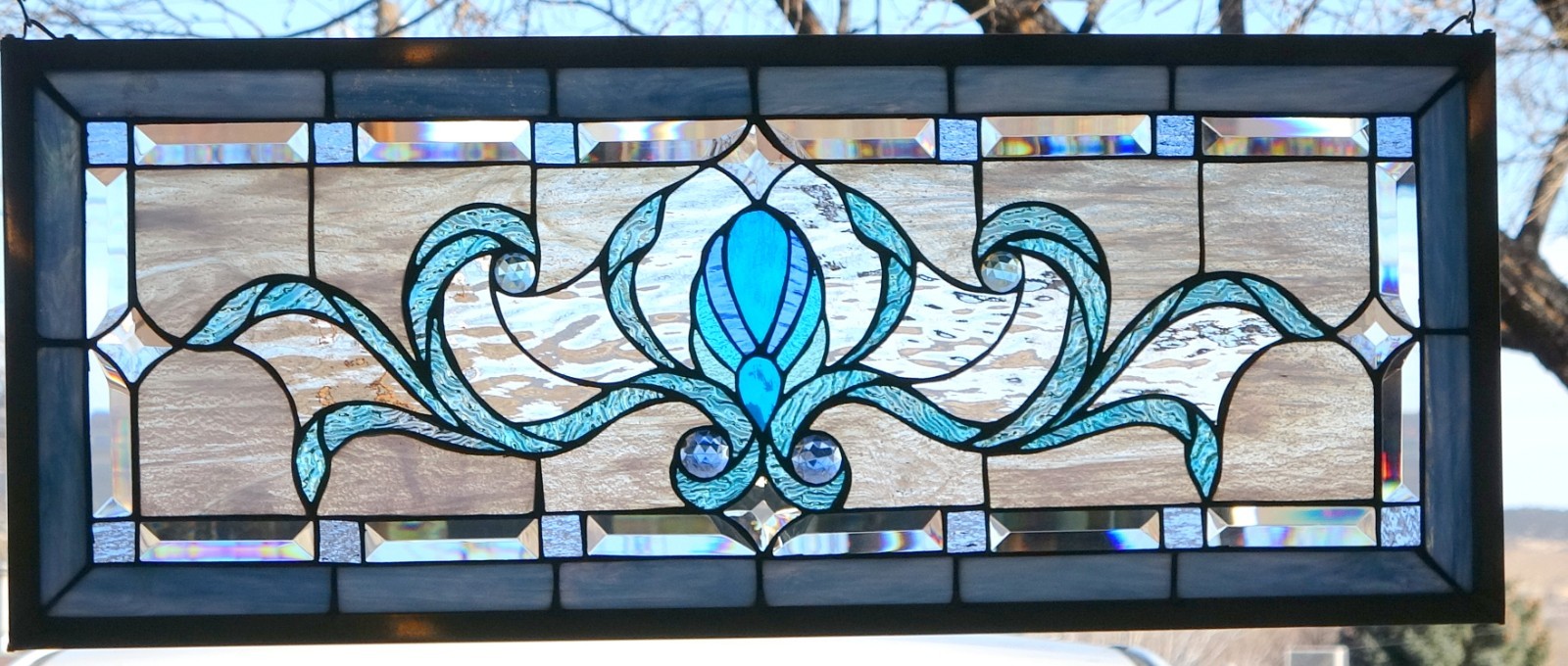 Stained Glass Transom window HANGING PANEL 341/2 X 14 including the hooks