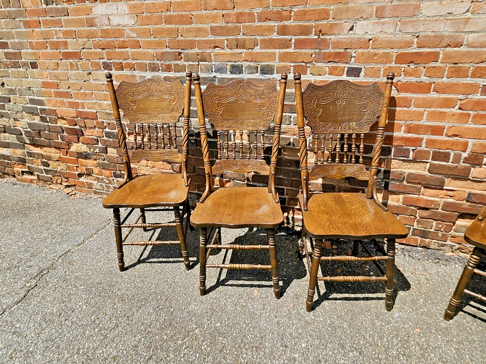 Vintage Solid Oak Pressed Back Dining Chairs – Rare set of 8