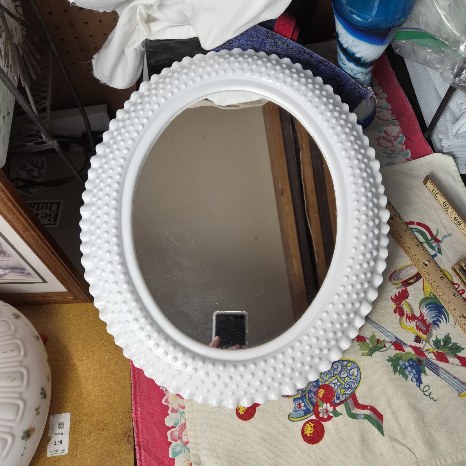 Vintage White Oval Wall Mirror Hobnail Ruffled Edge Burwood Cottage Granny USA