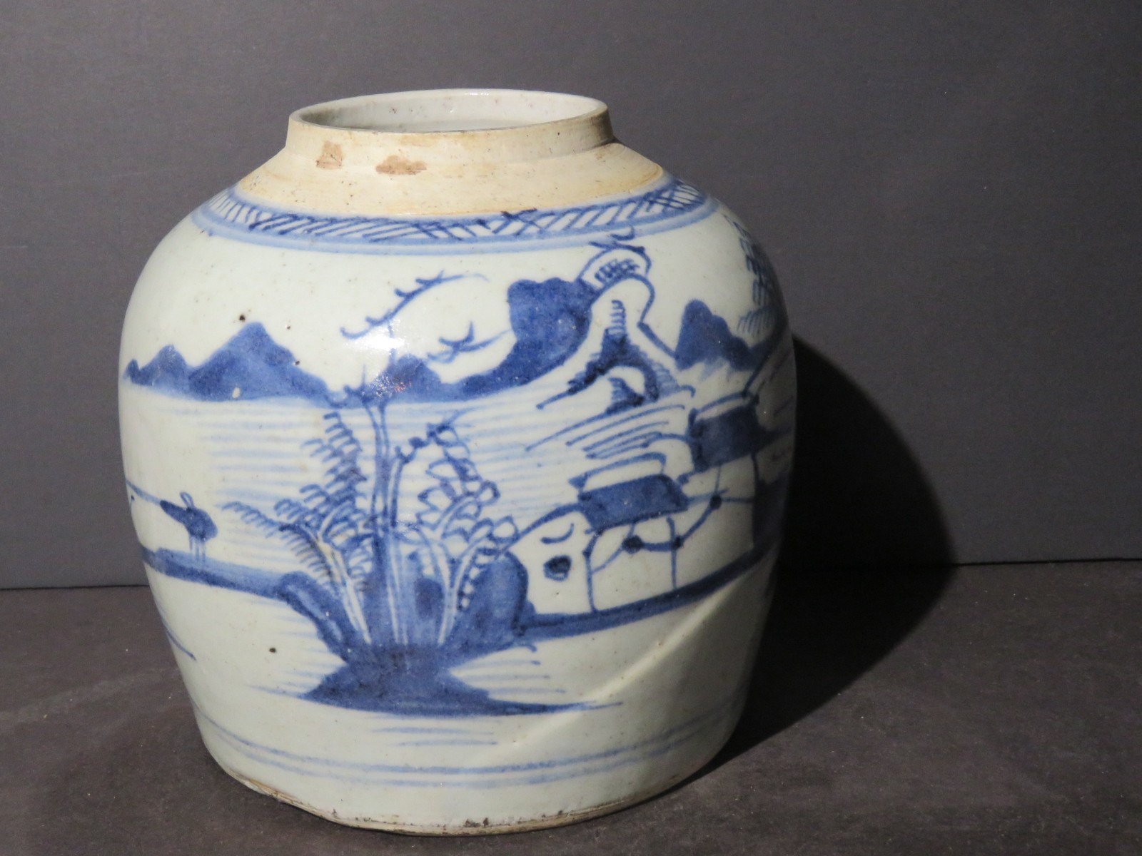 19th Century Chinese Canton Blue and White Ginger Jar (No Lid)