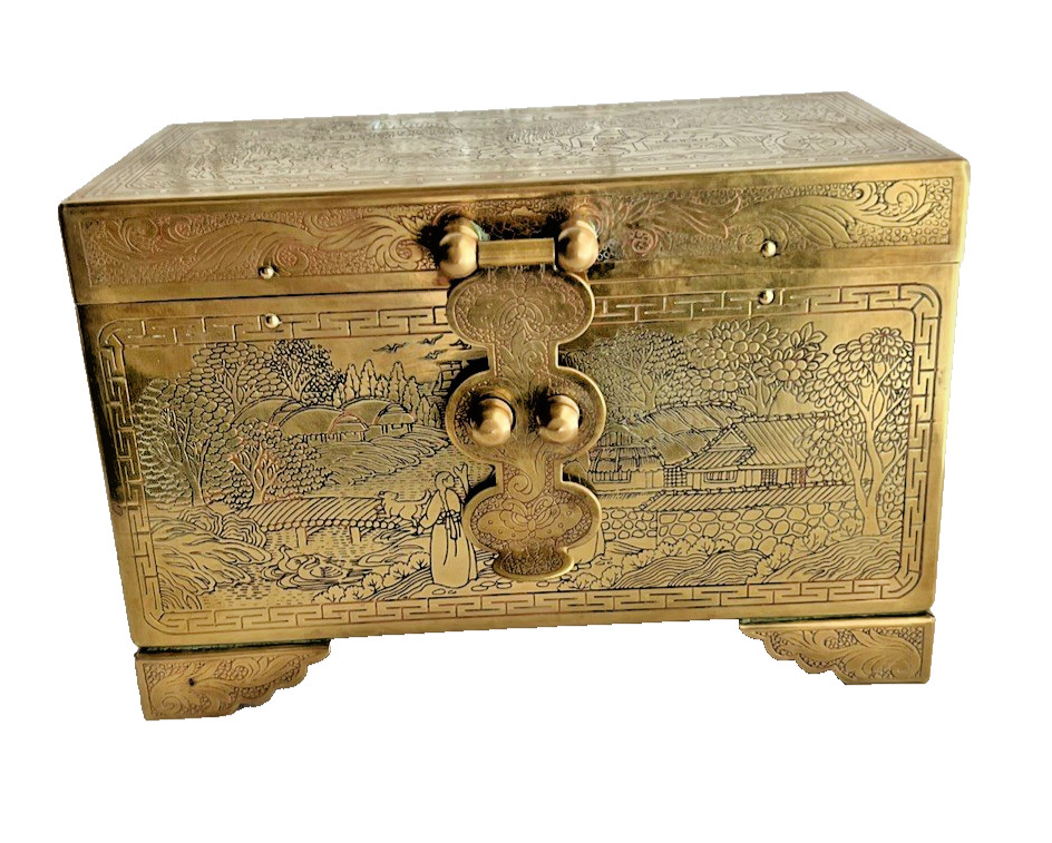 Oriental Brass Clad Engraved Footed Jewelry Vanity Box With Mirror Lined Vintage