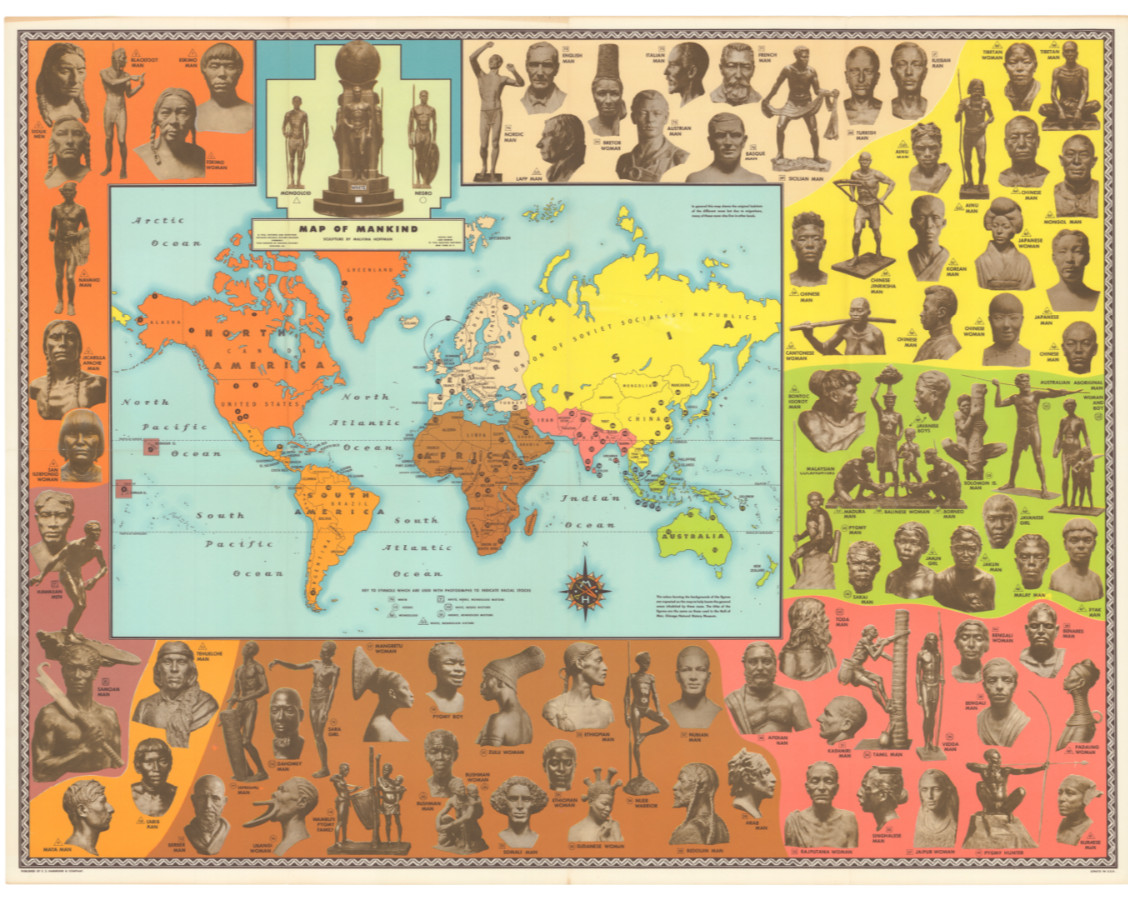 1946 Hammond’s Map of Mankind, Anthropological Map of the World, 31 x 24 in.