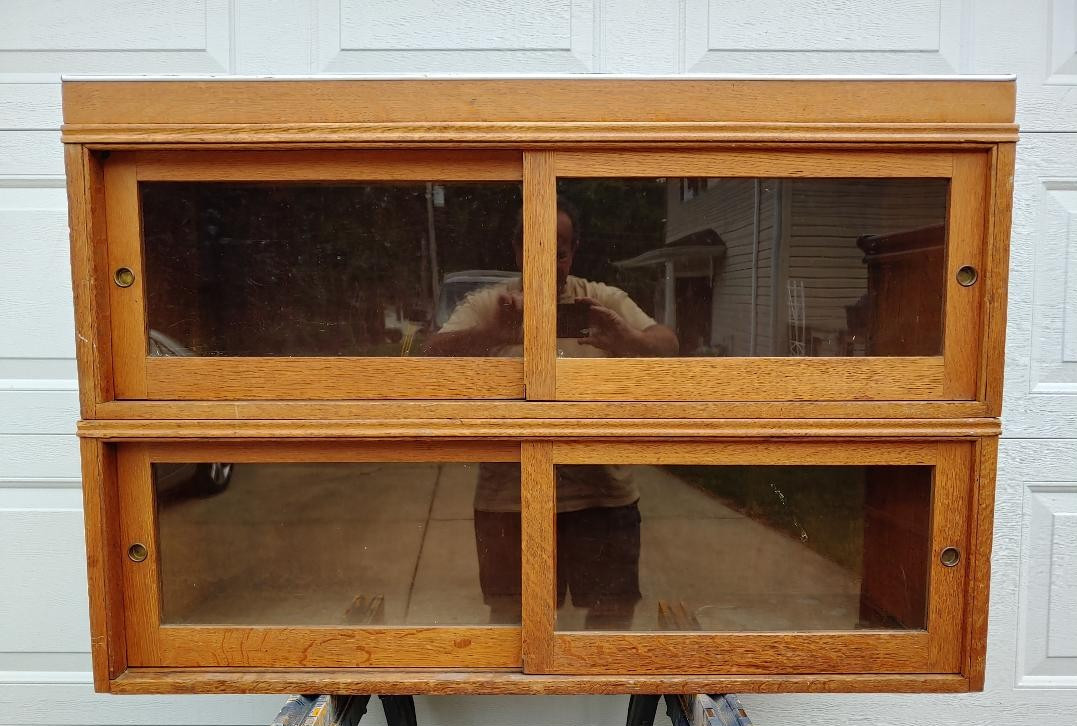 3 PIECE 43″ WIDE DANNER BARRISTER OAK BOOKCASE, 2 STACKS & 1 TOP, SLIDING DOORS