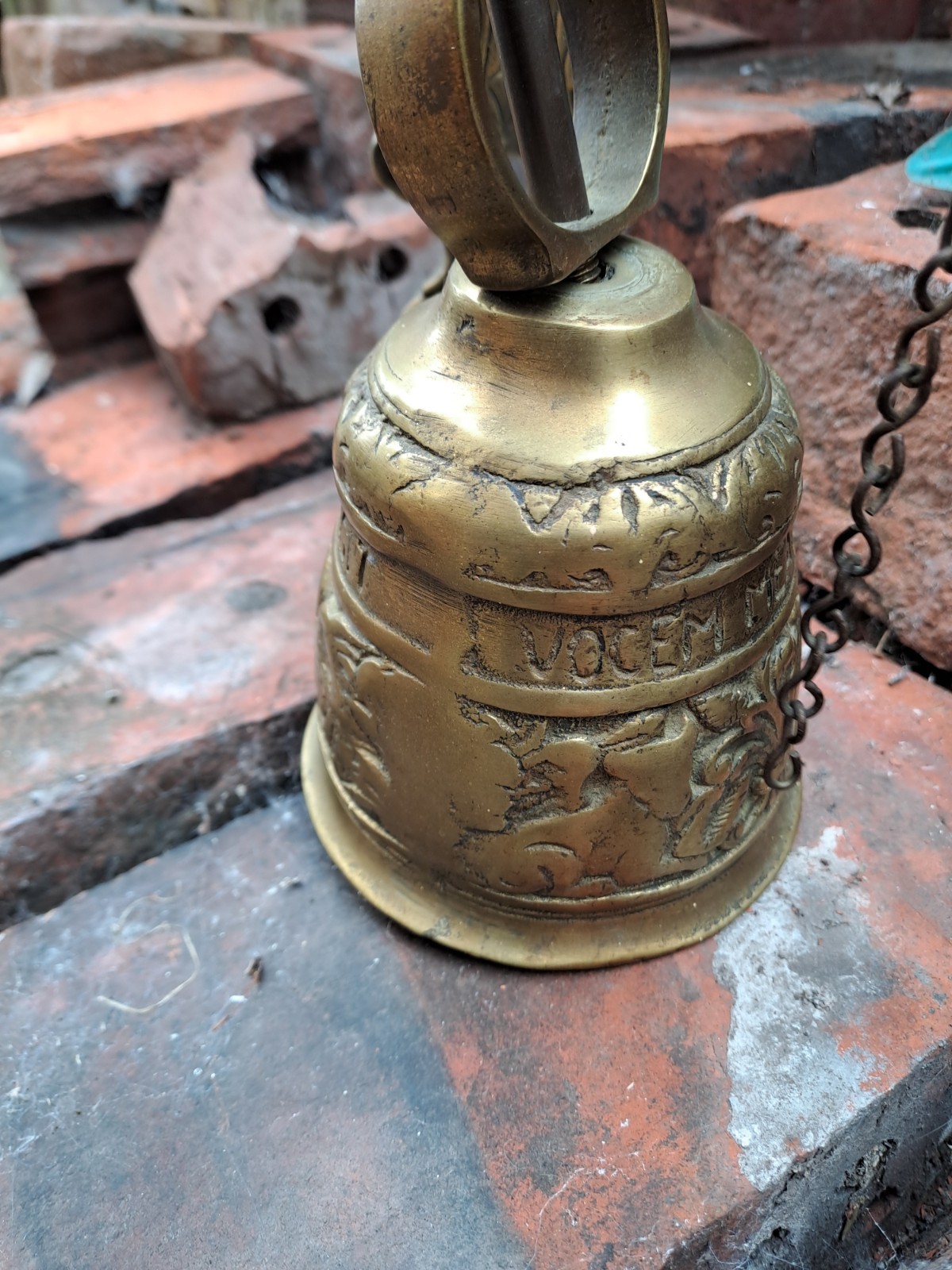 Antique Belgian Bronze Monastery Wall Bell Angel Gothic Latin Inscription c1900