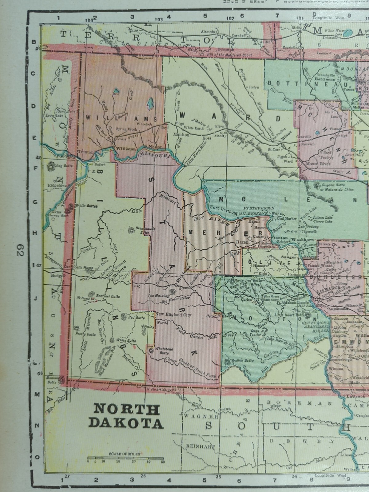 Vintage 1900 NORTH DAKOTA Map 14″x11″ ~ Old Antique Original BISMARCK FARGO SD