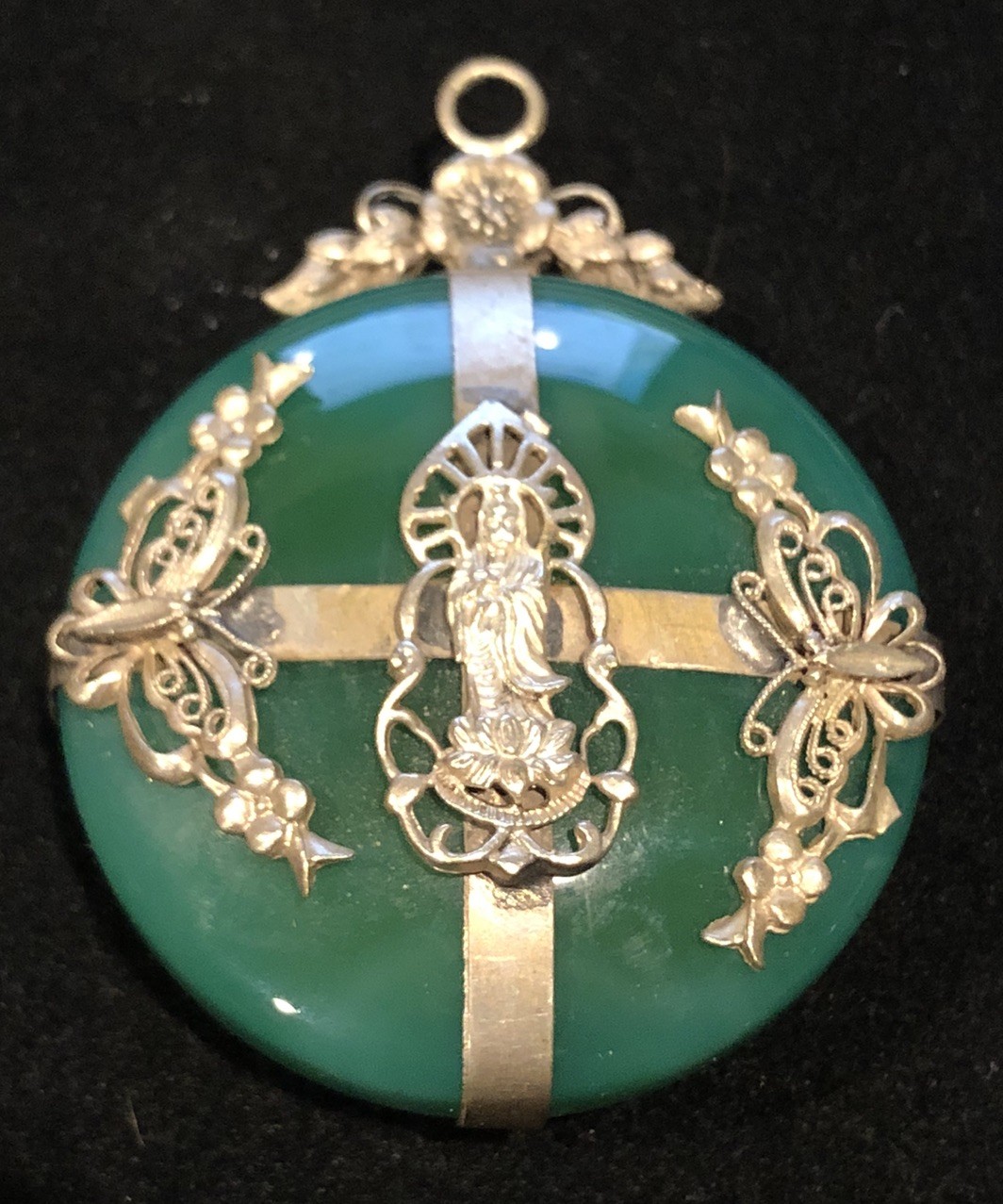 Lg Vintage Jade & Silver Chinese Emperor Buddha Butterfly Flower Pendant RARE!🔥