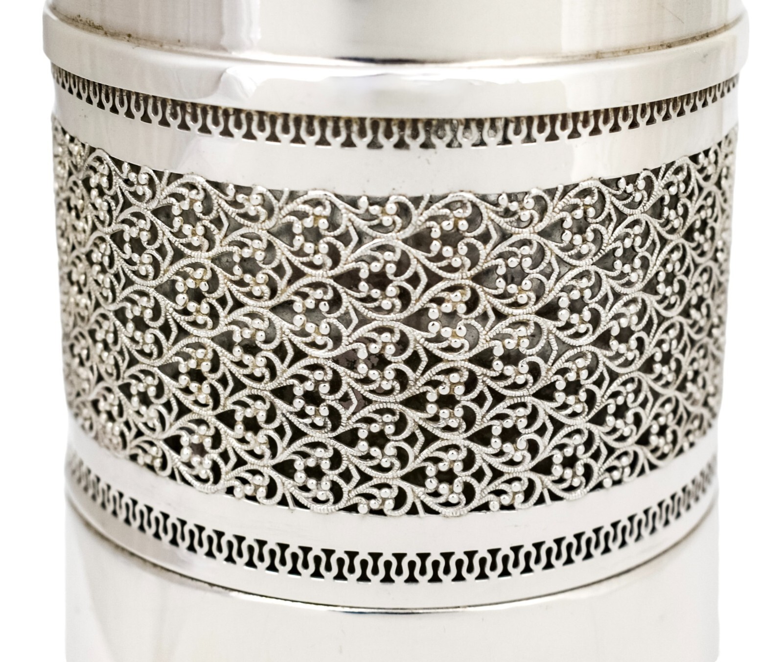 Vintage silver plated bottle sleeve, Arabesque scrolling lattice design, A.Segal