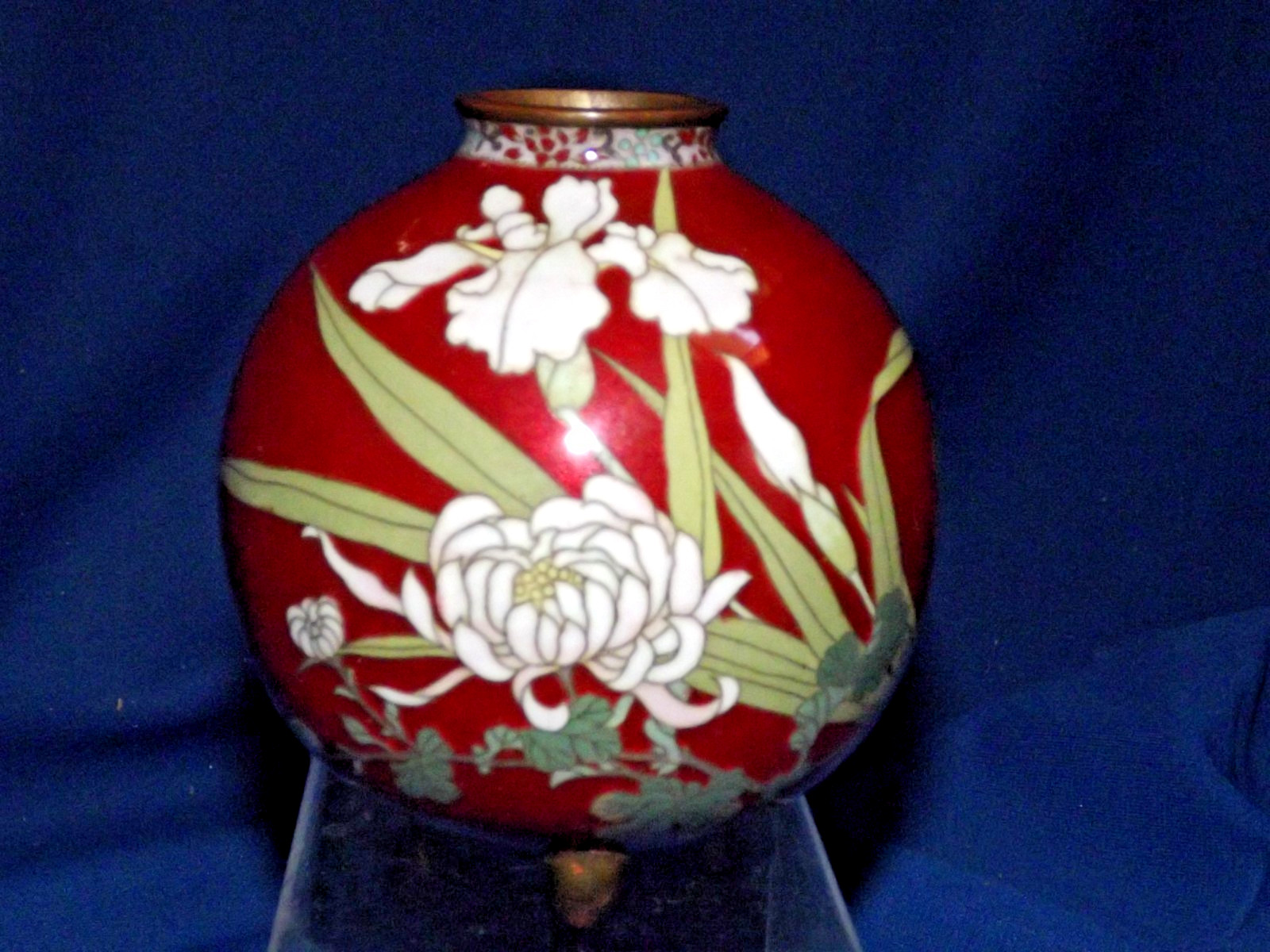 Meiji Japanese Cloisonné Mums & Iris Orange Background 3 Footed 3 1/2″High Vase.