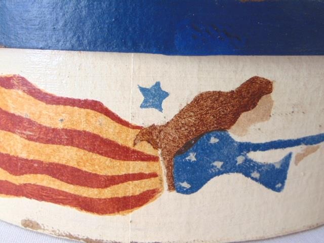 1970s Primitive FOLK ART Painted Patriotic Flag Angel Cardboard Oval Box