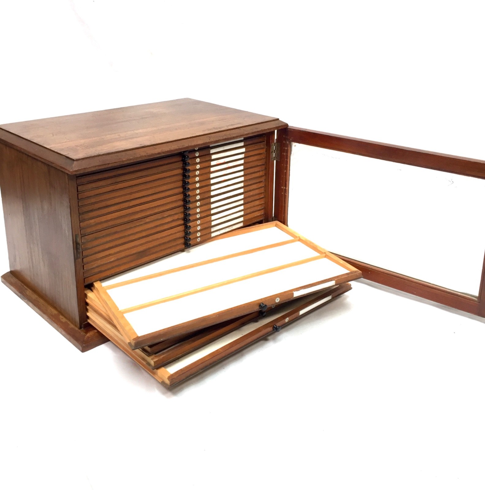 Antique Wooden & Glazed Fronted Tabletop Microscope Slide Collectors Cabinet Box