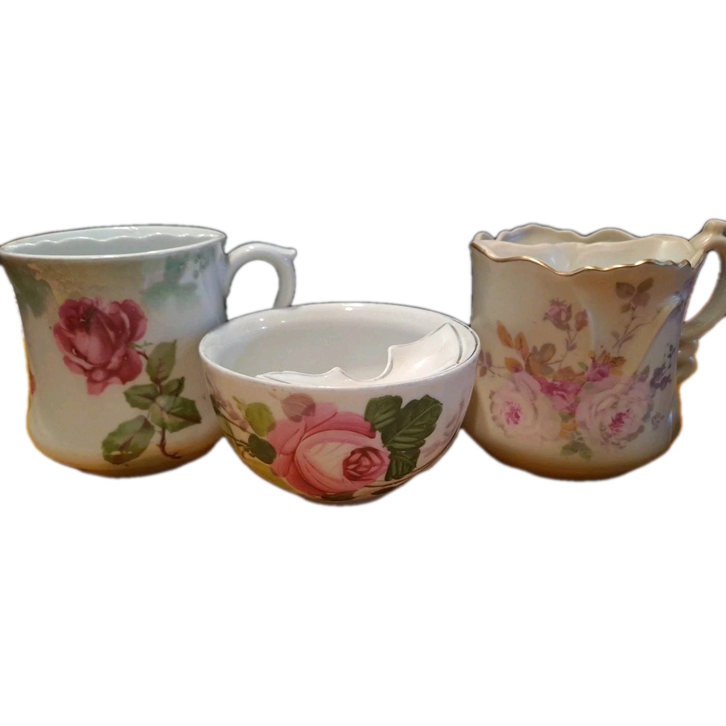 Lot 3 Antique Mustache Shaving Mug Cup Pink Floral Porcelain Mustache 1830-1900