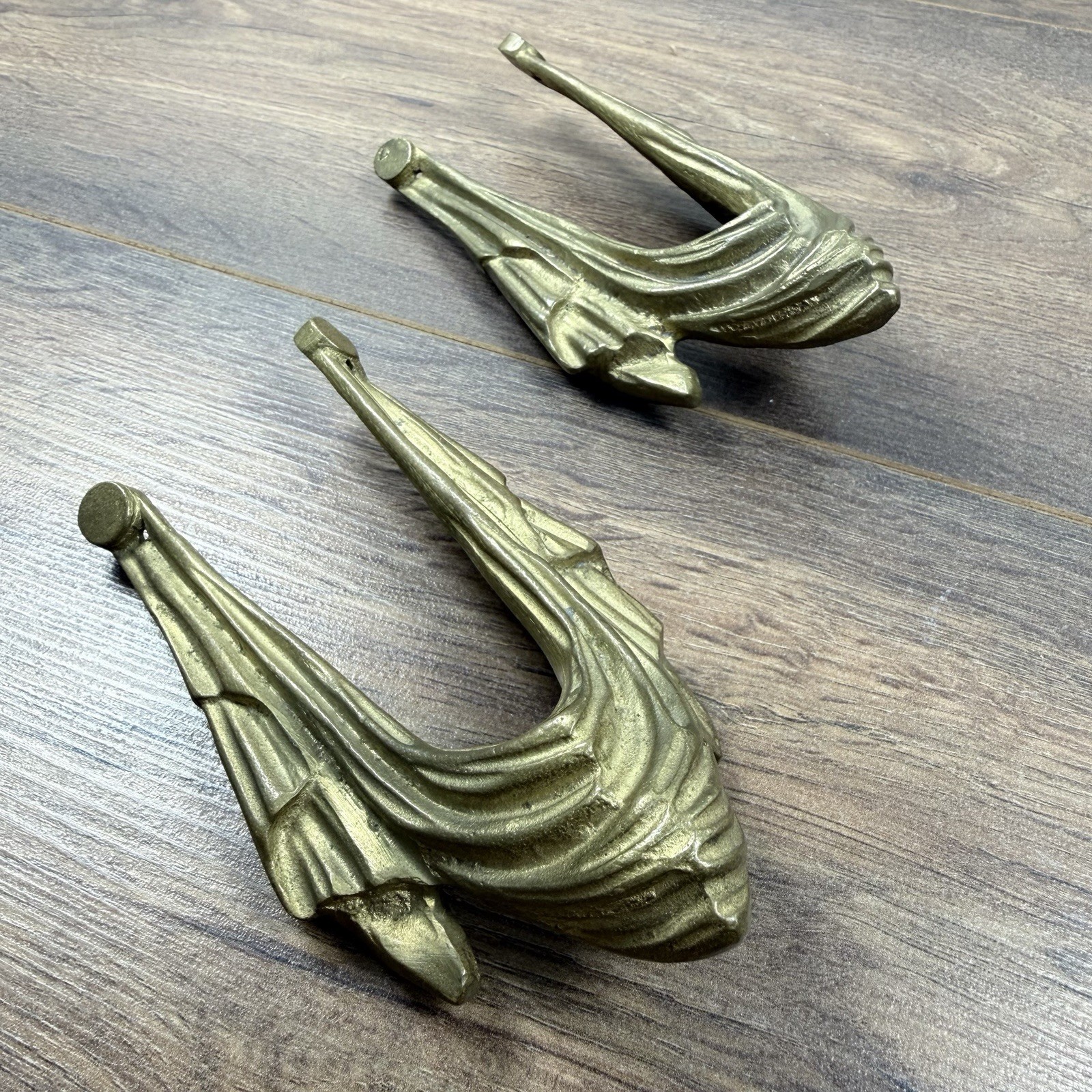 Pair Brass Furniture Mounts Art Deco Bronze Tone Decorative Cabinet Ornaments
