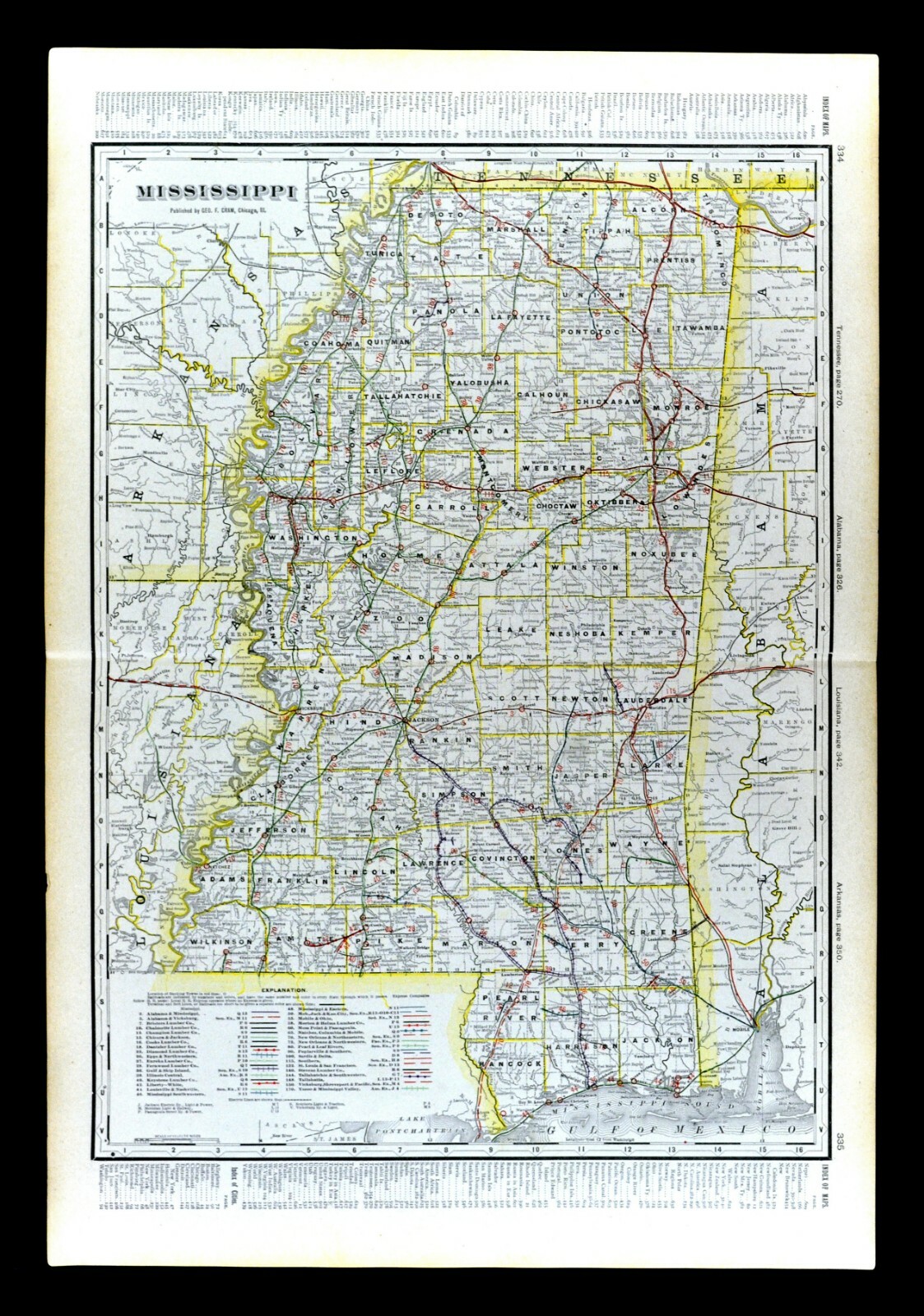 1904 Cram Railroad Map Mississippi Jackson Natchez Biloxi Oxford Vicksburg RR