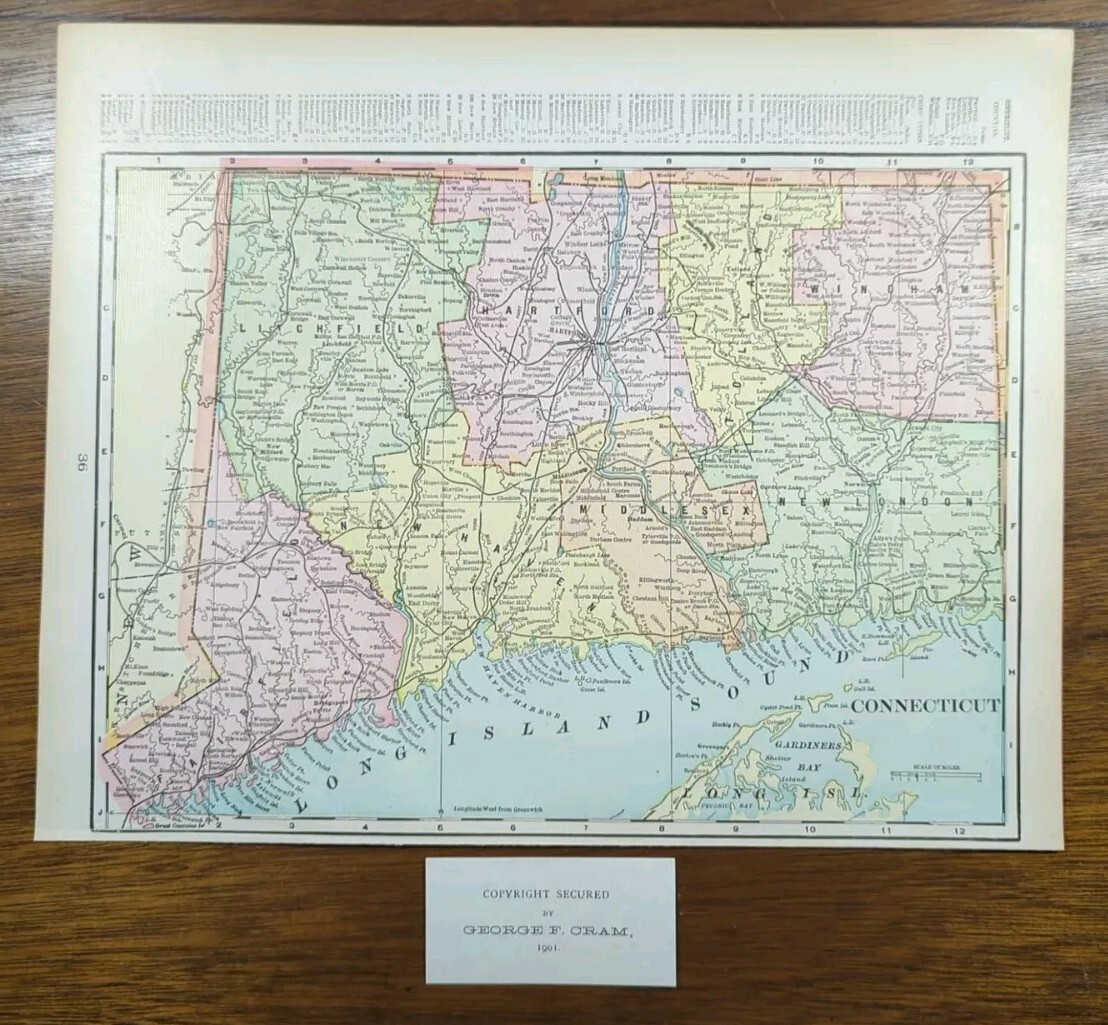 Vintage 1901 CONNECTICUT Map 14″x11″ ~ Old Antique Original BRIDGEPORT NEW HAVEN