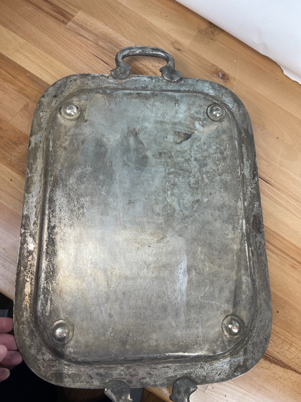 Antique Silver on Copper Serving Tray Ornate Engraved Handles Patina