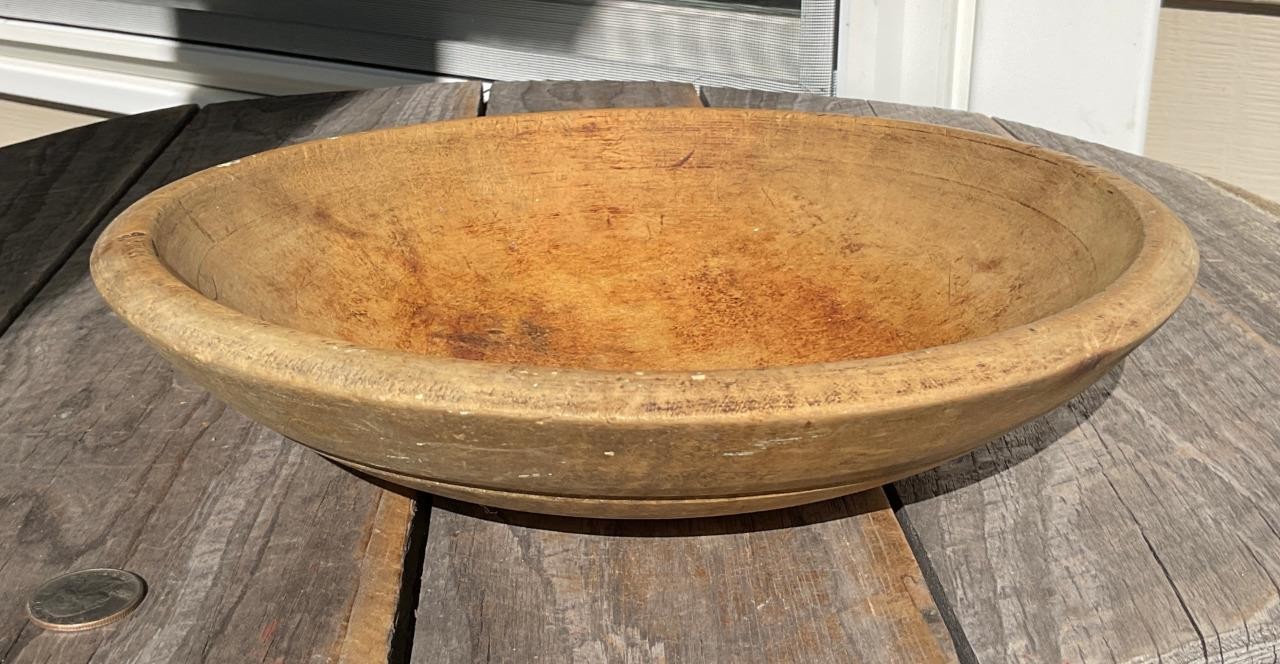 Antique Primitive Wooden Dough/Bread Bowl Groove Rim Footed Base Farmhouse 11″ D