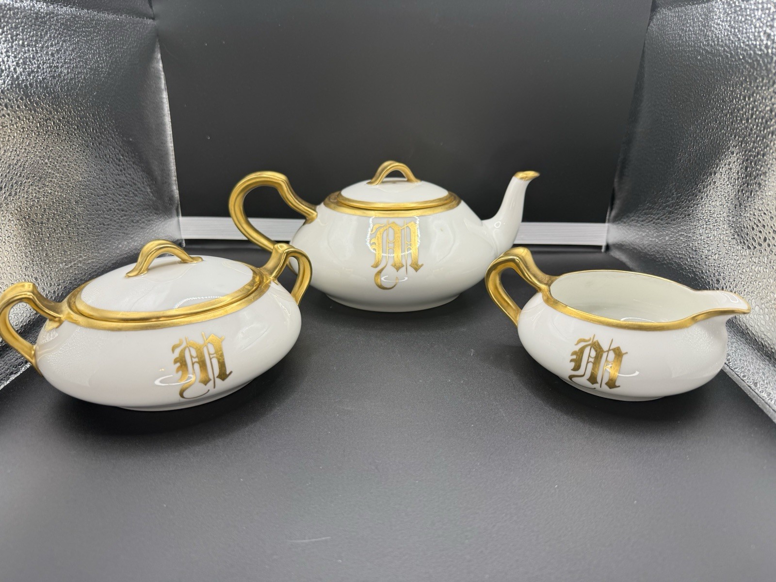 Antique Haviland Limoges 3-Pc Tea Set Gold Monogram M Signed C.H. Baily As-Is