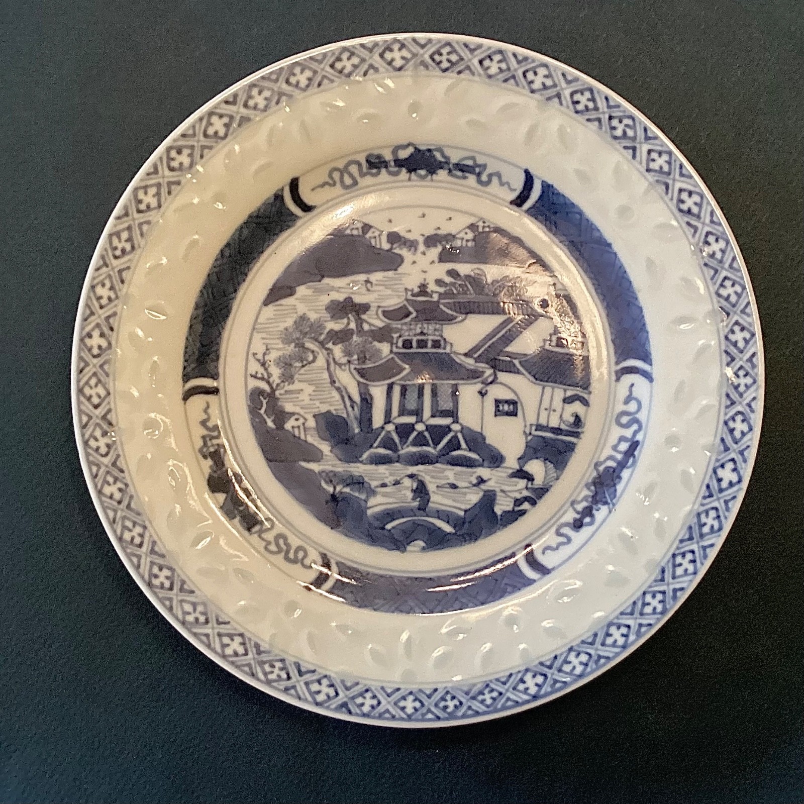 ~ Antique Chinese Export Blue & White Nanking 7 1/2” Rice Pattern Plate – 19th C