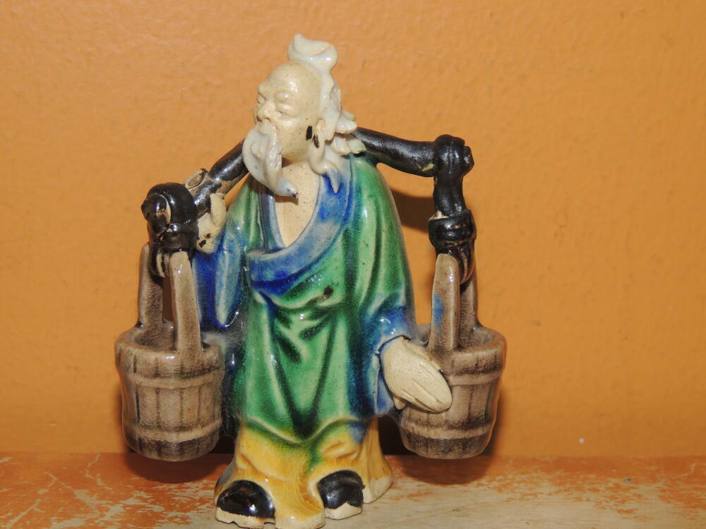 Chinese Mud Man Men 3″+ Green Blue Brown yoke water buckets Mudman Antique c1935