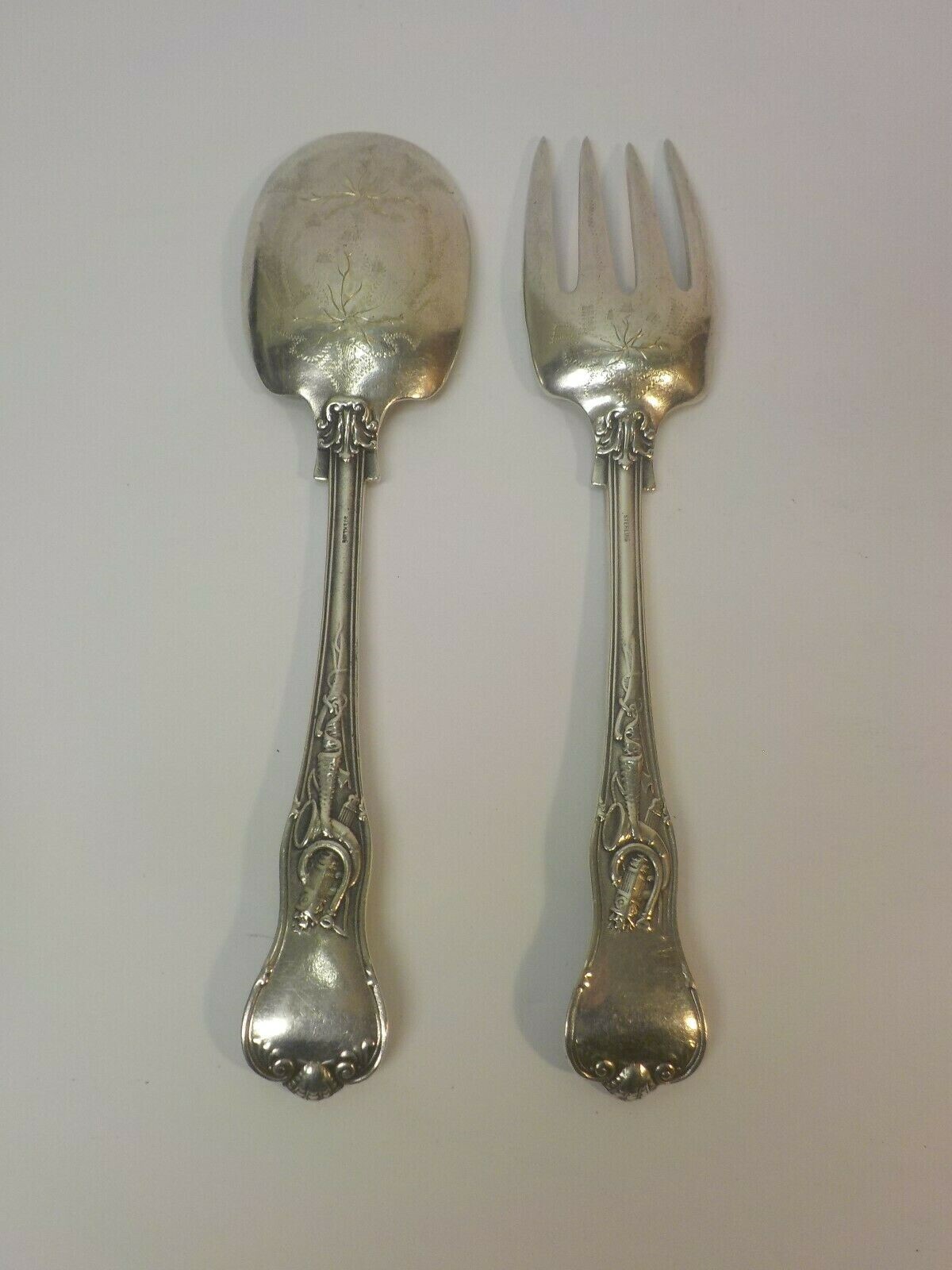 Rare Sterling Silver 9″ Serving Fork & Spoon, STAG HUNT Scene, c. early 1800’s