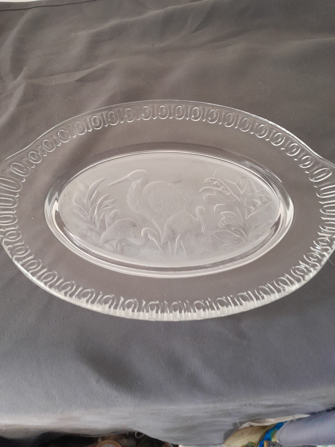 Victorian EAPG Iowa City Glass Birds Cranes/Herons Oval Bread Plate As-Is